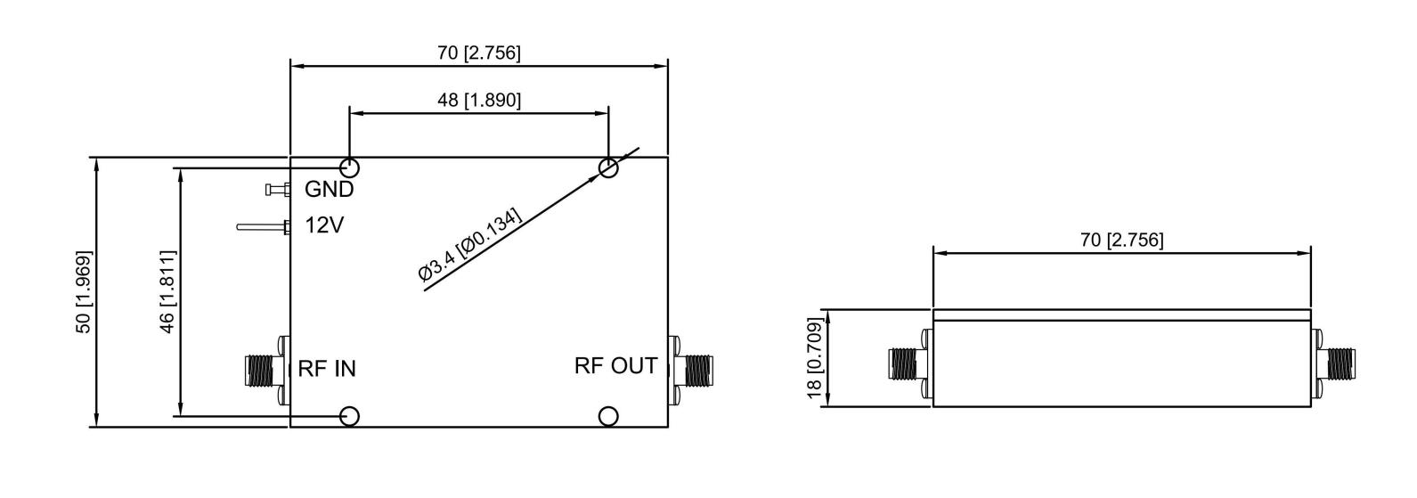 Outline dimension diagram of 8-12GHz RF microwave amplifier