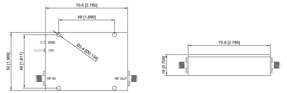 RF Microwave Low Noise Power Amplifier 6-18GHz Outline Dimensional Drawing