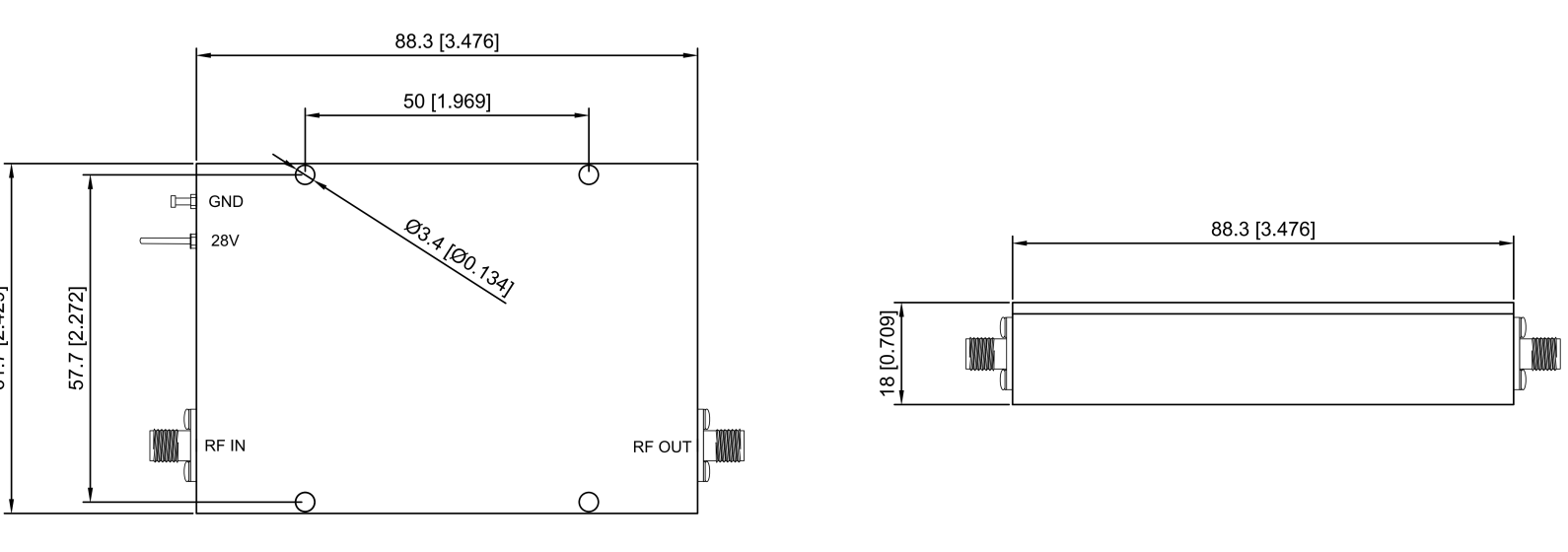 RF microwave power amplifier 0.05-1GHz external dimension diagram