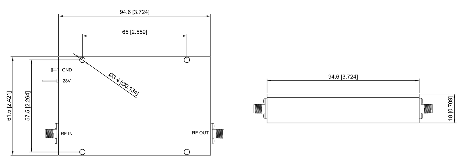 RF microwave power amplifier 0.3-6GHz external dimension diagram