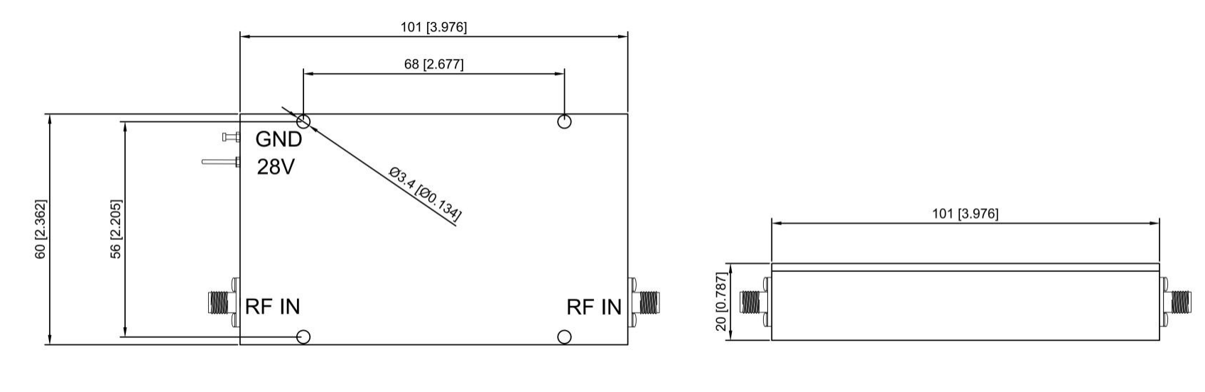 RF microwave power amplifier 0.5-6GHz external dimension diagram