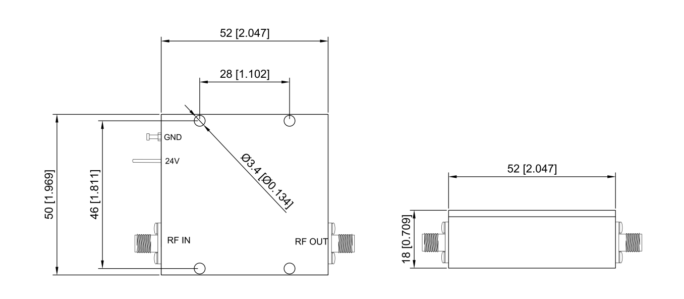 RF microwave power amplifier 24-29.5 GHz external dimension diagram